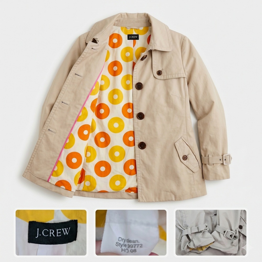 J Crew Trench Jacket Size Medium Beige Khaki Retro Mod Polka Dot Lining Flaw